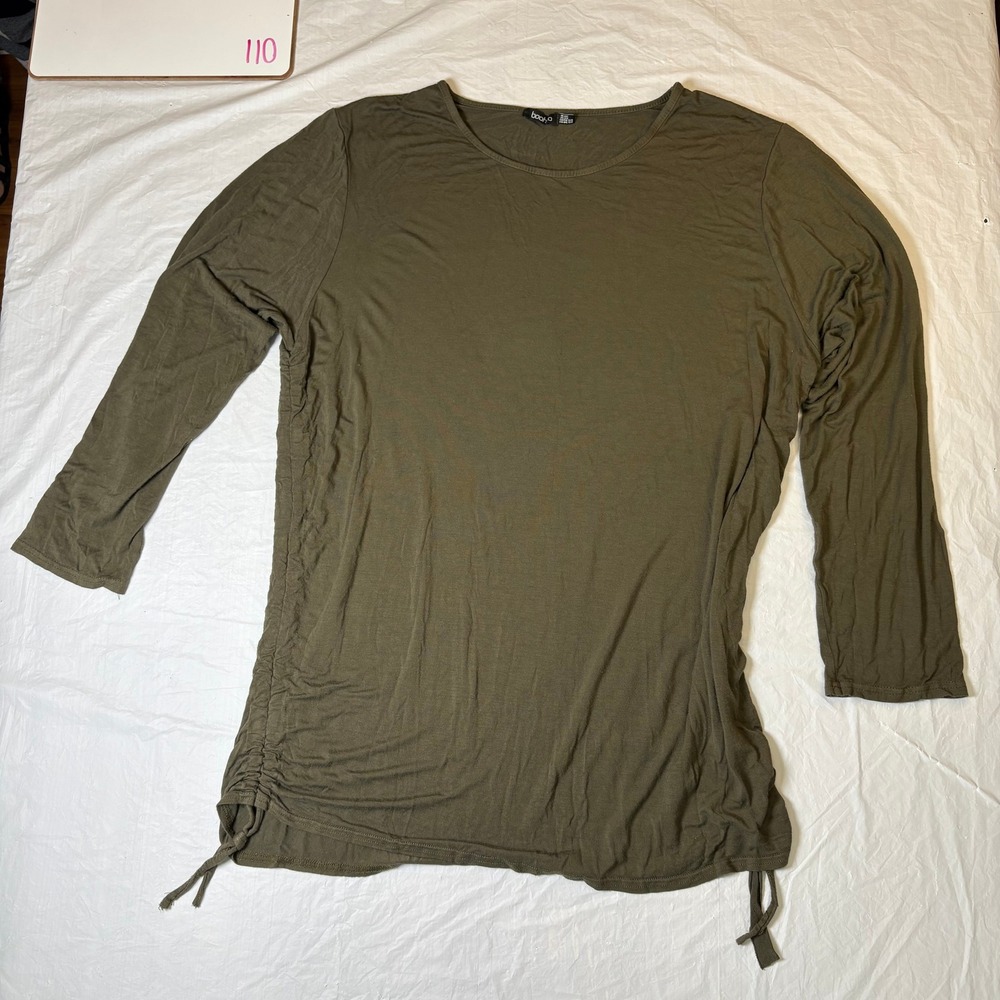 Boohoo Olive Green‎ Ruched Side Long Sleeve Tunic Top Women's Size 22